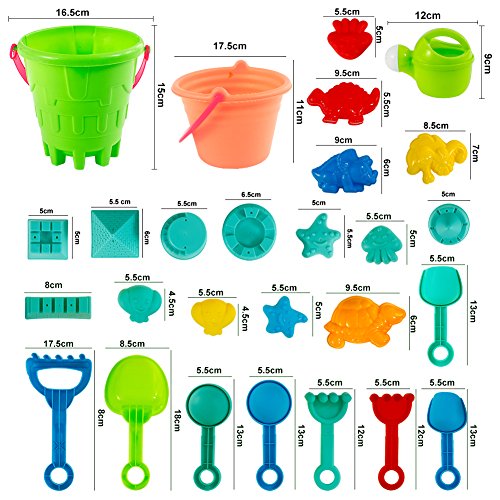 Acekid Mini Sand Toys Set, 27pcs Seaside Sand Castle Bucket Spade Shovel Rake Playset, Beach Toys Kit for Kids and Children
