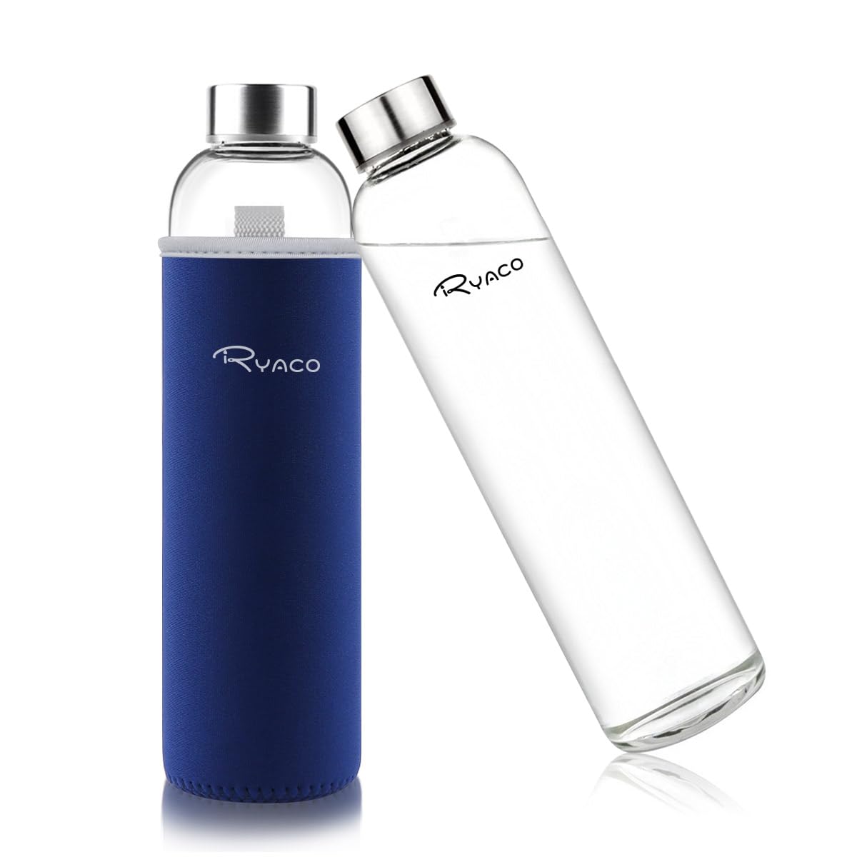 RYACO Glass Water Bottle 750ml/25oz,Borosilicate Glass Bottle with Neoprene Protective Case for Hot Cold Drinks,BPA-Free Leak Proof,Sport Water Bottles with Sponge Brush,Dishwasher Safe