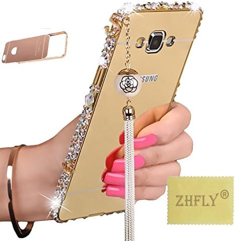 J3/J3 2016/J3 V/J3V/Amp Prime/Express Prime Case, Houshine Bling Mirror PC Back Cover and Metal Bumper for Samsung Galaxy J3 2015, J3 2016, J3 V, J3V, Amp Prime, Express Prime, Gold-Pearl Tassel