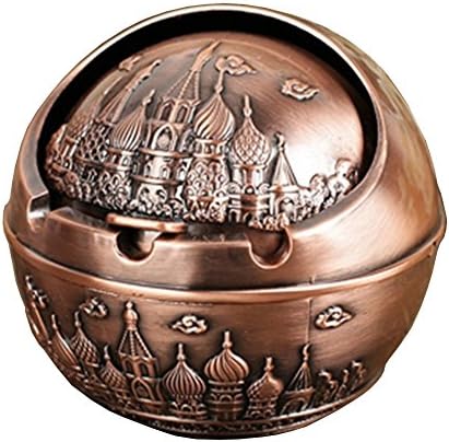 TOWOMO Vintage Windproof Ashtray with Lids, Metal Portable Cigarettes Ashtray for Outdoor &amp; Indoor Use (Castle, Red Bronze)