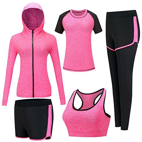 ZETIY Women's 5pcs Sport Suits Fitness Yoga Running Athletic Tracksuits (L, Rose Red)