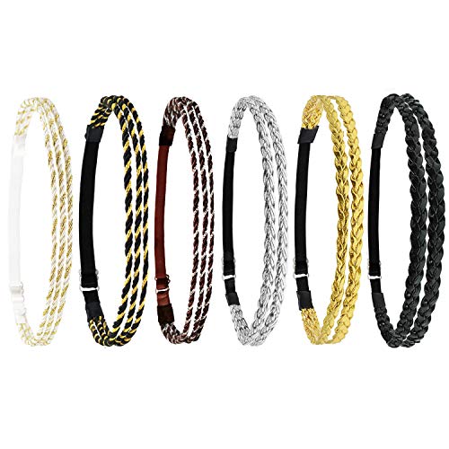 Beaute Galleria 6 Pieces Adjustable Elastic Non Slip Braided Plaited Women Headbands Hair Band with Double Braided and Triple Strand Twisted Gold Silver Disco Hippie Boho Bohemian Style Hair Accessory
