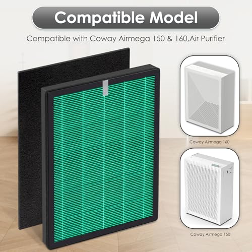 2 Sets Airmega 150 Replacement Filters for Coway Airmega 150 Air Purifier, H13 True HEPA and Active Carbon Filter, 2 Green Filters and 10 Active Carbon Filters, AP-1019C-FP