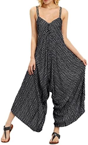 Black Striped Harem Culotte Jumpsuit Shorts for Women Ladies๏ผLolittas Smart Maxi Long Wide Leg Sleeveless Bandeau Strappy V-Neck One Piece Casual Trouser