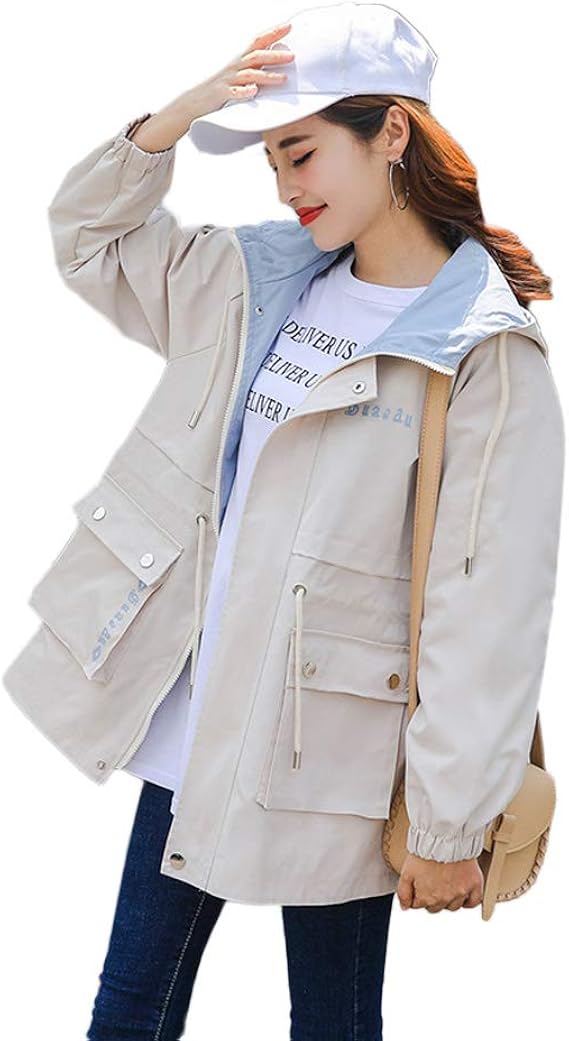 Amazon Yuanyuan 春と秋の服 レディースウインドブレーカー レディースジャケット 秋のウインドブレーカー フード付きウインドブレーカー ウインドブレーカー 女性 ロング 春と秋 婦人服 ルーズ カジュアル 学生 コート トレンディ コート ジャケット 通販