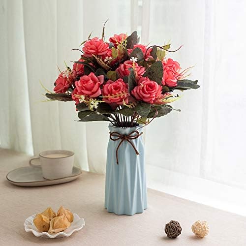 Flojery 造花 セラミック花瓶 フェイクシルクローズブーケ 自宅 オフィス ウェディング装飾 ピンクにブルーの花瓶