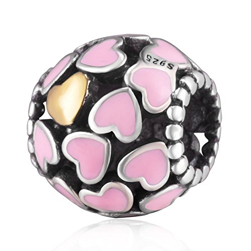 Choruslove Abundance of Love Pink Enamel Heart Charm Bead with Gold Plated for European Bracelet