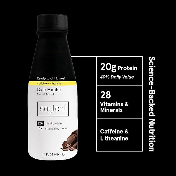 SOYLENT COMPLETE COFFEE MEAL REPLACEMENT SHAKE, CAFE MOCHA, READY-TO-DRINK PLANT BASED CAFFEINATED PROTEIN DRINK, CONTAINS 20G VEGAN PROTEIN AND 1G SUGAR, 14OZ (12 PACK)