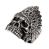 PAURO Cool Feather Dayak Indian Headdress Punk Skull Stainless Steel Mens Boys Ring