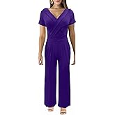 ZonJie Sexy Off Shoulder Jumpsuits for Women Elegant Dressy Short Sleeve Ruched Clubwear Plus Size Wide Leg Pants Rompers