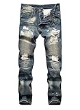 Aiyino Men's Slim Zipper Biker Jeans Moto Denim Pants (US 36, Navy Blue)