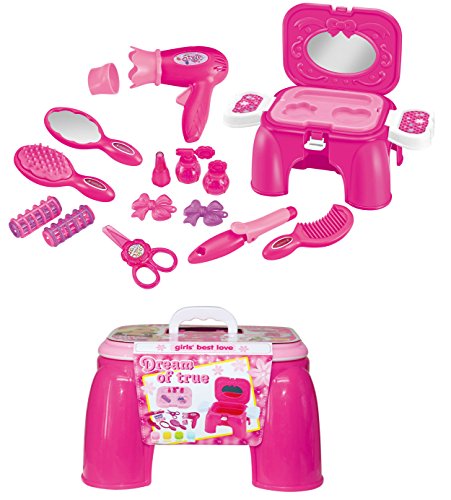 Girls Pretend Beauty Playset With Hair Dryer Mirror Comb And Hair Accessories In Foldable Stool