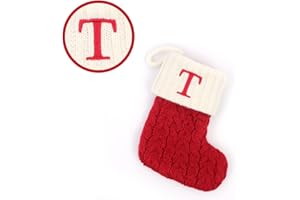 GENERIC Christmas Stockings with Initials, 7.1 Inches Small Embroidered Letter Knit Red White Christmas Stocking for Family Holiday Decorations and Xmas Tree Fireplace (T)