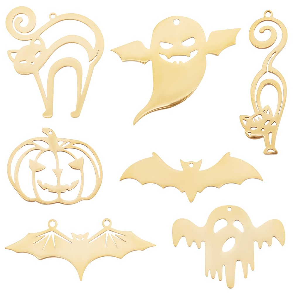 Beebeecraft 1 Box 7Pcs Real 18K Gold Plated Stainless Steel Halloween Pendant Charm Ghost Cat Bat Pumpkin Lantern Charms Findings for Necklace Bracelet DIY Crafts