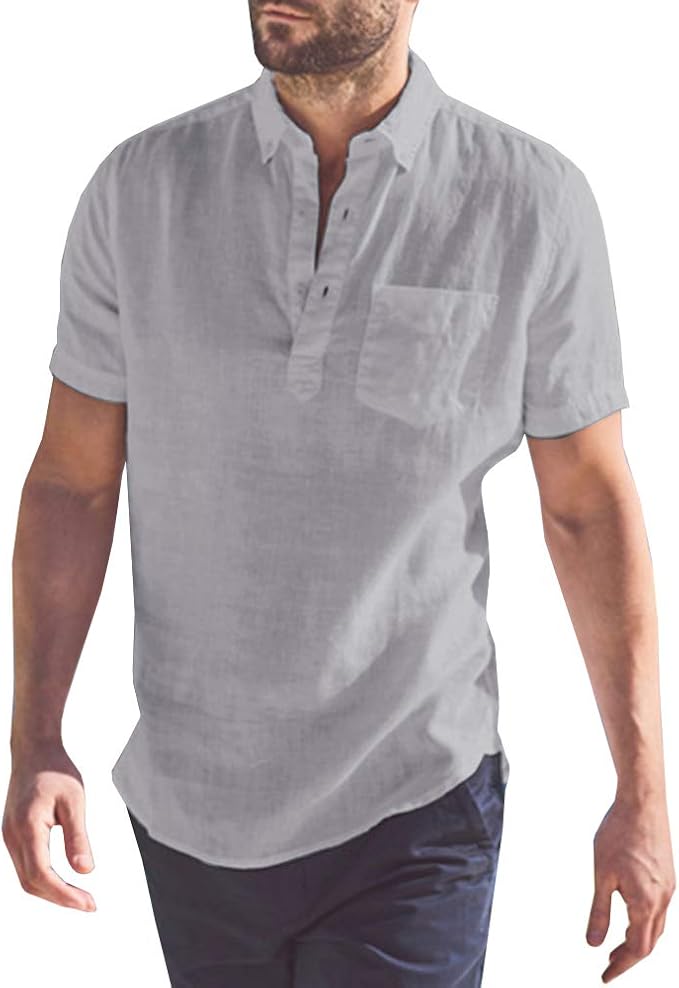 Buy Beotyshow Cotton Linen Short Sleeve Button Down Placket Front