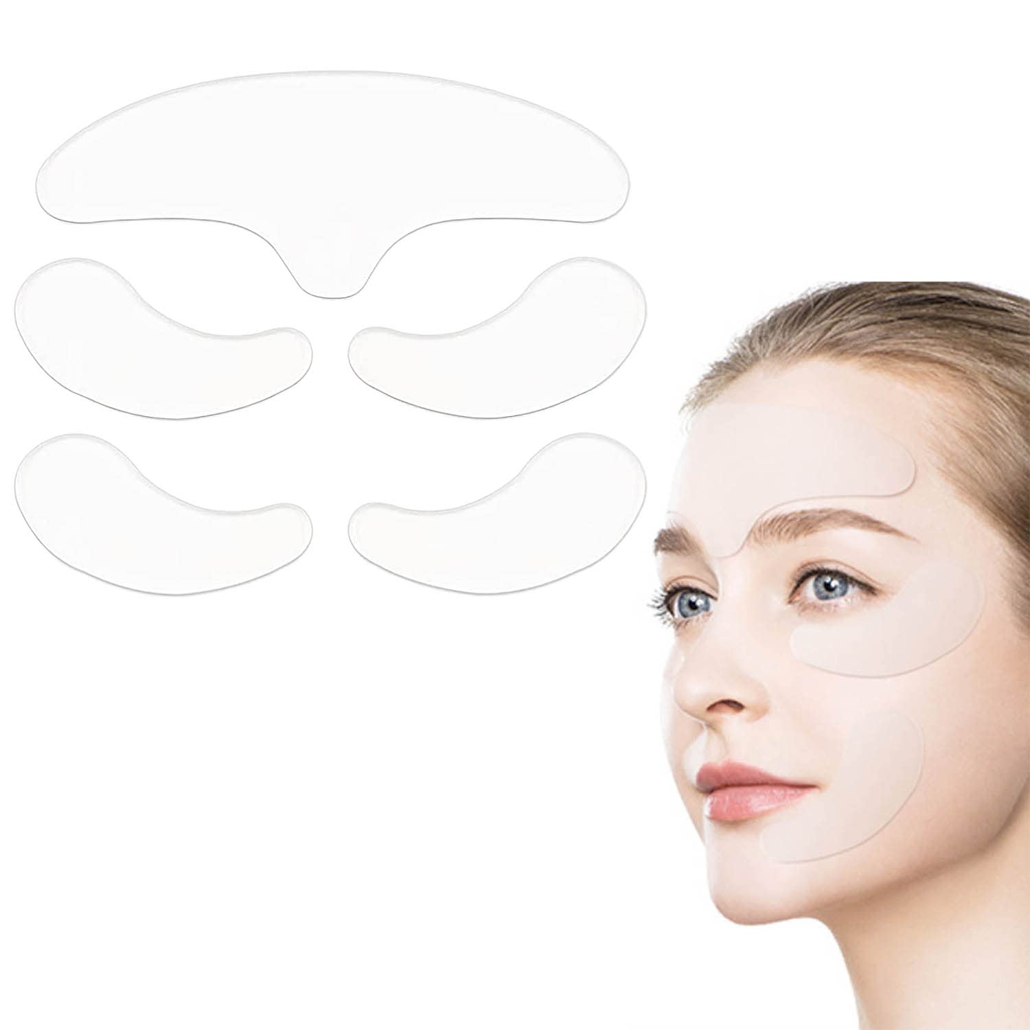 PHCOMRICH 5 in 1 Forehead & Eyes Silicone Anti Wrinkle Pads,Reusable 100% Medical Grade Silicone Decollete Eye Pads for Wrinkles and Fine Lines