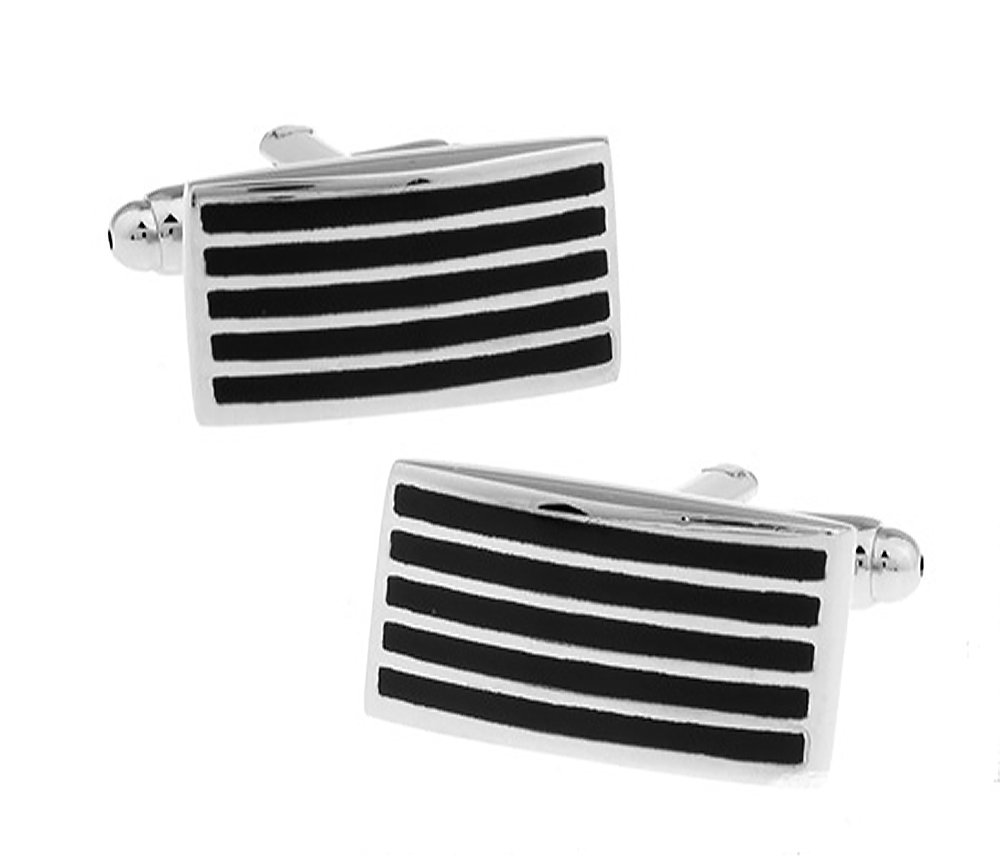 Ashton and Finch Silver Cufflinks with Enamel Black Lines - Elegant Men's Novelty Gift