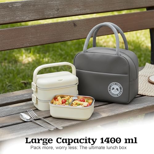 BitBloom Stainless Steel Lunch Box - 1400ml 2 -Layer Bento Box with Insulated Bag, Spoon & Fork, Leakproof, BPA-Free, Dishwasher Safe - Ideal for Kids & Adults, Office, School, Travel (Cream White)