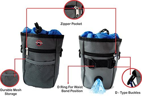 Pets Studios โ Dog treat training pouch / Built-in poop bag dispenser / Accessories holder W/ Bonus BPA free blue silicone bowl + rope toy
