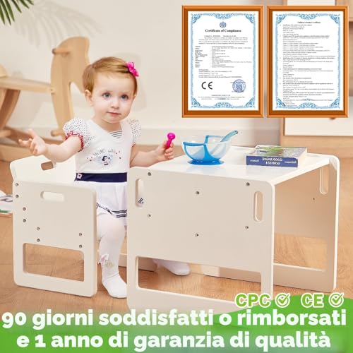 FUNLIO Montessori Table and Chair Set for Children 1-3 Years, Height Adjustable, Ideal for Reading/Eating/Playing, Easy Assembly, CPC Certified – White