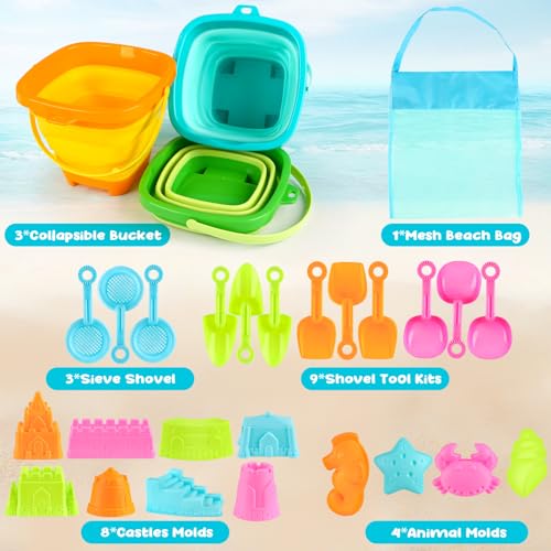 YIMORE Beach Games Children, 28 Pieces Sand Travel Toys with Folding Bucket Children, Sea Games for Children Boys Girls