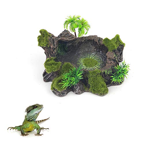 Chnee Plastic Reptile Tank Decor Resin Reptile Platform Artificial Tree Trunk Design Reptile Water Dish Water Bowl for Lizard, Gecko, Water Frog, Other Reptile