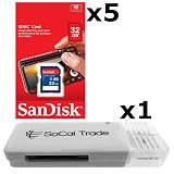 5 PACK - SanDisk 32GB SD HC Class 4 Secure Digital High Speed SDHC Flash Memory Card SDSDB-032G 32G 32 GB GIGS (S.B32.RTx5.562) LOT OF 5 with USB SoCal Trade&copy; SCT SD Memory Card Reader - Retail Packaging