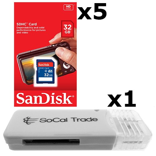 5 PACK - SanDisk 32GB SD HC Class 4 Secure Digital High Speed SDHC Flash Memory Card SDSDB-032G 32G 32 GB GIGS (S.B32.RTx5.562) LOT OF 5 with USB SoCal Trade&copy; SCT SD Memory Card Reader - Retail Packaging