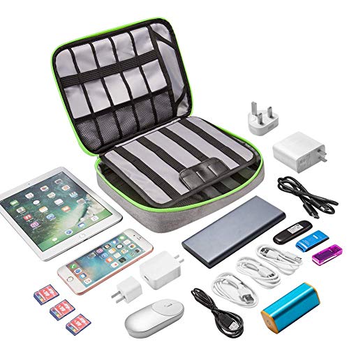 Electronics Organizer,Electronic Accessories Double Layer Travel Cable Organizer Cord Storage Bag for Cables, iPad (Up to 11''),Power Bank, USB Flash Drive and More-(Gray)