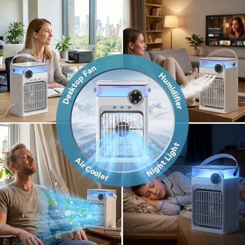 YFFU Portable Air Conditioner with Remote Control,1200ml Evaporative USB Mini Air Cooler RGB 8 Lights,3 Wind Speed,3 Spray Modes,2-8H Timer Small Portable Ac Unit for Home Bedroom,Cold white