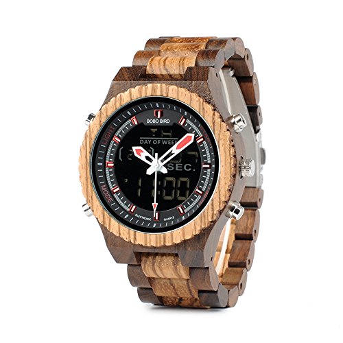 BOBO BIRD Wooden Watches Dual Display Quartz Watch for Men LED Digital Army Military Sport Wristwatch (Zebra Wood)