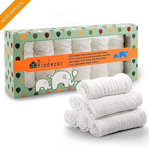 Baby Washcloths, Ricdecor 6 Pack Extra Soft Baby Muslin Washcloths and Towels Organic Cotton and Dye Free Baby Wipes Perfect for Baby’s Sensitive Skin – Great Baby Shower Gift (White 10”×10”)