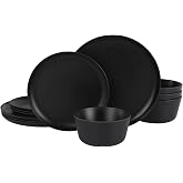 Gibson Home Fairhope 12-Piece Matte Black Melamine Dinnerware Set &ndash; Durable Lightweight Plates and Bowls, Kitchen Dining Set