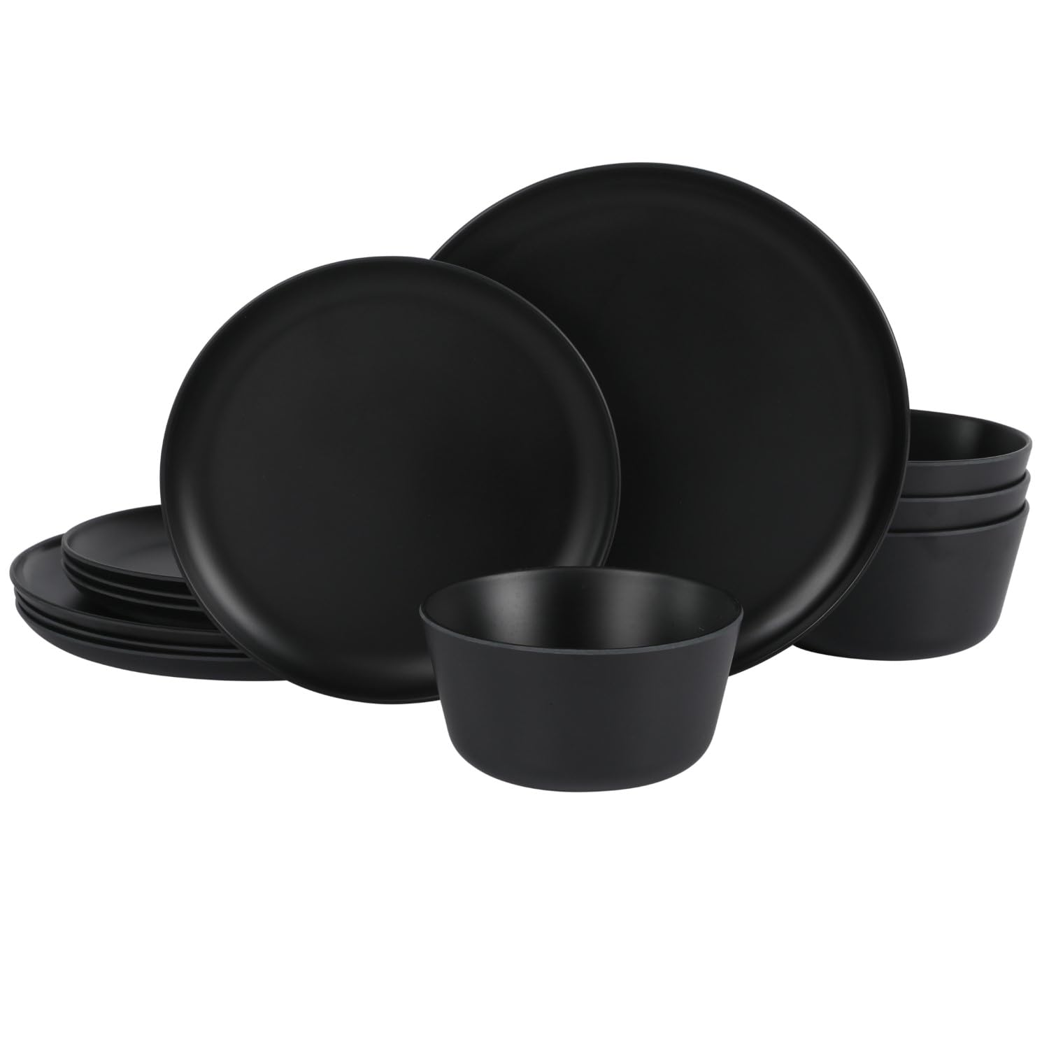 Photo 1 of Gibson Home Fairhope 12-Piece Matte Black Melamine Dinnerware Set – Durable Lightweight Plates and Bowls, Kitchen Dining Set