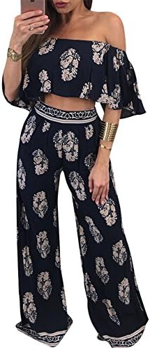 Fashion Cluster Women Summer 2pcs Off Shoulder Top + Pant Set Wide Leg Jumpsuit Party Club Dress (M2, Black)