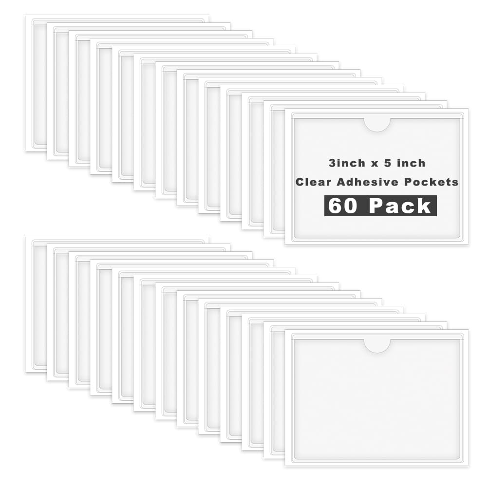 Photo 1 of  3 X 5 Inches Adhesive Index Card Pockets, Clear Self Adhesive Label Pockets Label Holders Card Holder Shelf Label Holder for Organizing, Storage Bins (3.7 x 5.3 inches)