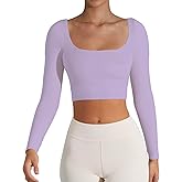 CUHUDA Women's Basic Long Sleeve Square Neck Crop Top Double Lined Slim Fit T-Shirt