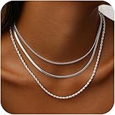 Remmocy Layered Gold/Silver Necklace for Women,14K Gold/Silver Plated Herringbone Necklace Choker Multilayer Snake Paperclip Cuba Figaro Box Chain Accessories Set Non Tarnish Jewelry Gift for Women