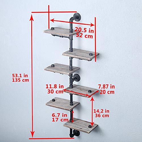 MBQQ Industrial Pipe Shelf,6-Tiers Wall Mount Bookshelf, Metal&Wood Corner Shelves,DIY Storage Shelving Rustic Floating Shelves,Home Decor Shelves