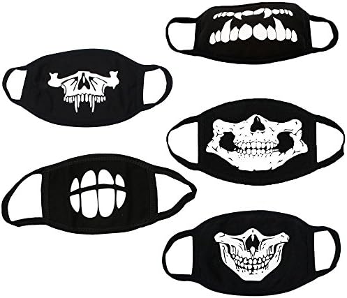 Xinxun Black Cotton Anti-Dust Mouth Face Masks Design with Luminous Skull Glow in the Dark for Unisex Outdoor Cycling Cosplay Party (5 Pack)
