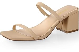 Leevar Square Toe Heeled Sandals for Women - Women's Low Block Heels Sandals - 2.25IN Open Toe Ankle Strap Chunky Heels - Slip on Heeled Sandal Mule- Nude Black Strappy Heels for Party Wedding Dress Shoes