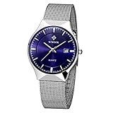 Men's Elite Sport Quartz Watch Male Silver-Tone Ultrathin Stainless Steel Mesh Band Watch With Date Blue