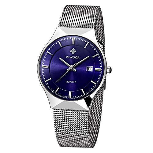 Men's Elite Sport Quartz Watch Male Silver-Tone Ultrathin Stainless Steel Mesh Band Watch With Date Blue