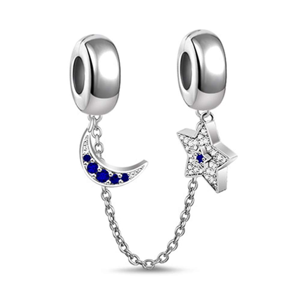 GNOCE Moon and Star Starry Night Safety Chain 925 Sterling Silver Harbor of Love Safety Chain fit Charm Bracelet Christmas Jewelry Gift for Women Girls