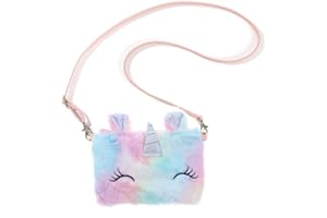 NEWFANCY Little Girls Kids Toddler Unicorn Tie Dye Fuzzy Plush Crossbody Shoulder Purse Rainbow Faux Fur Handbag