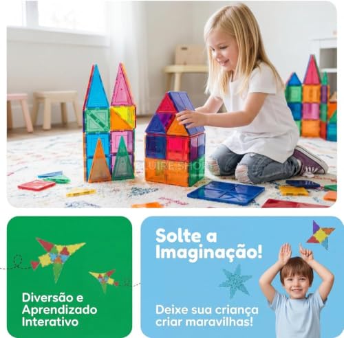 Blocos Magneticos Infantil de Montar Peças, Brinquedo Educativo Construção Infantil 2D, 3D, Jogo Pedagógico para Coordenação Motora, Raciocínio Lógico, Criatividade e Aprendizado STEM (56 peças)