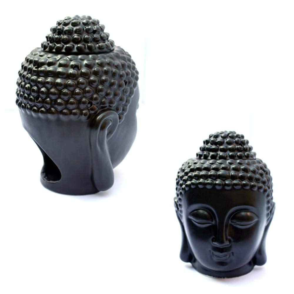 EVERGD Ceramic Buddha Head Statue Hollow Aromatherapy Furnace Oil Burner for Yoga or Meditation Room 5.9X3.93(IN) (Black)