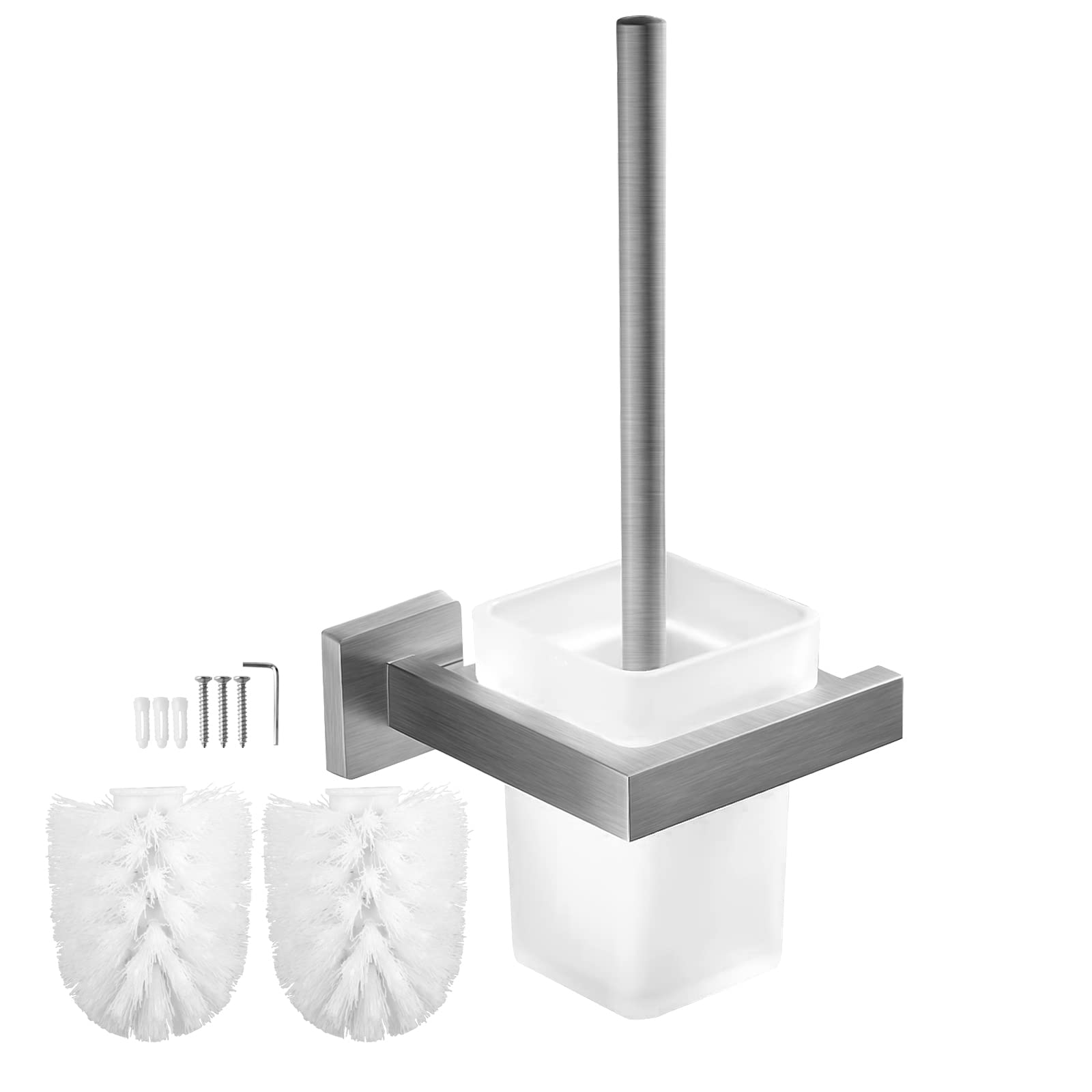 EXLECO Glass Toilet Brush with 2 Replacement Brushes, Matte Satin Glass Toilet Brush Set, Wall Mounted Toilet Holder, Bathroom Cleaning Products, Long Handle, Removable, Brushed Stainless Steel Holder