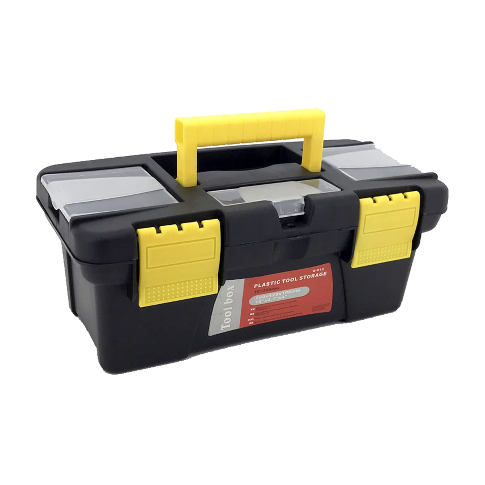 Plastic Toolbox Organiser,Toolzia Tool Box Plastic Portable Tool Box, Small Toolbox Organiser with Extra Storage Tray for Home Tools, Nails, Pins, Black-Yellow Utility Toolbox (10inch)