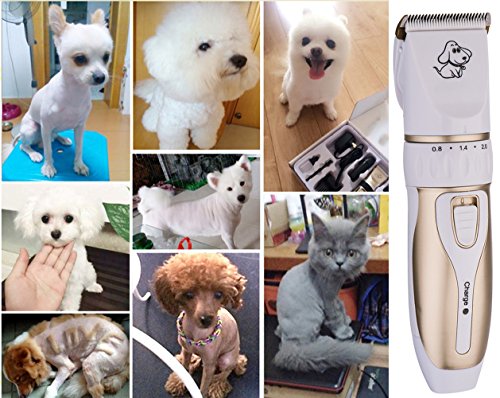 Otstar Dog Clippers,Low Noise Rechargeable Cordless Pet Dog and Cat Grooming Clippers Kit Set Tools with 2 Batteries,P3(White and Gold)